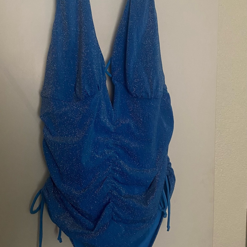 Blue One Piece Swimsuit with Plunging V-Neck and Halter Style